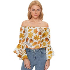 Brown Autumn Leaves Off Shoulder Flutter Bell Sleeve Top