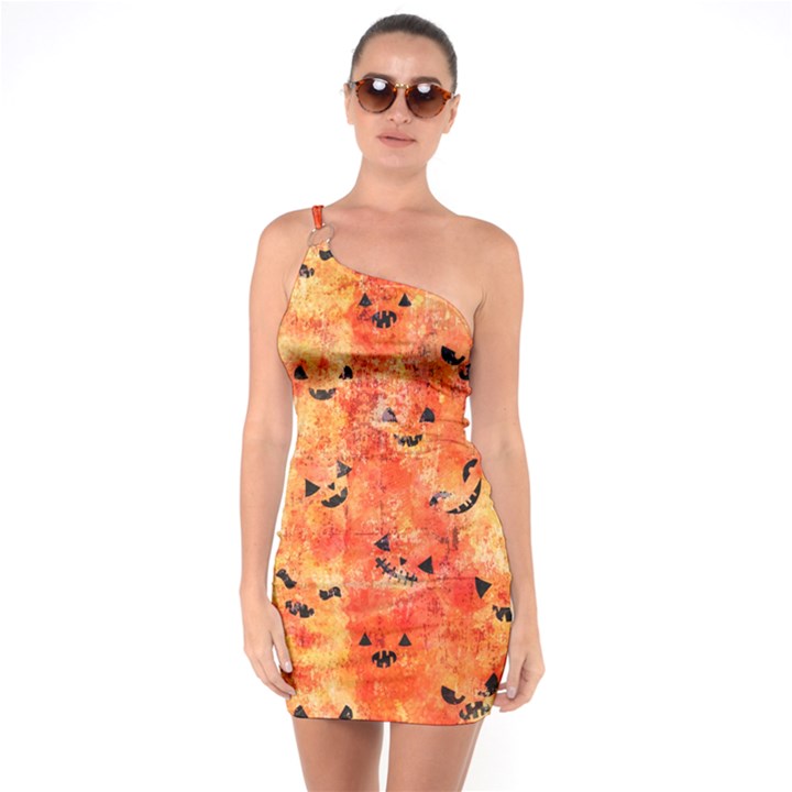 Carved Pumpkin Faces One Shoulder Ring Trim Bodycon Dress