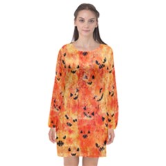 Carved Pumpkin Faces Long Sleeve Chiffon Shift Dress  by kyorashop23