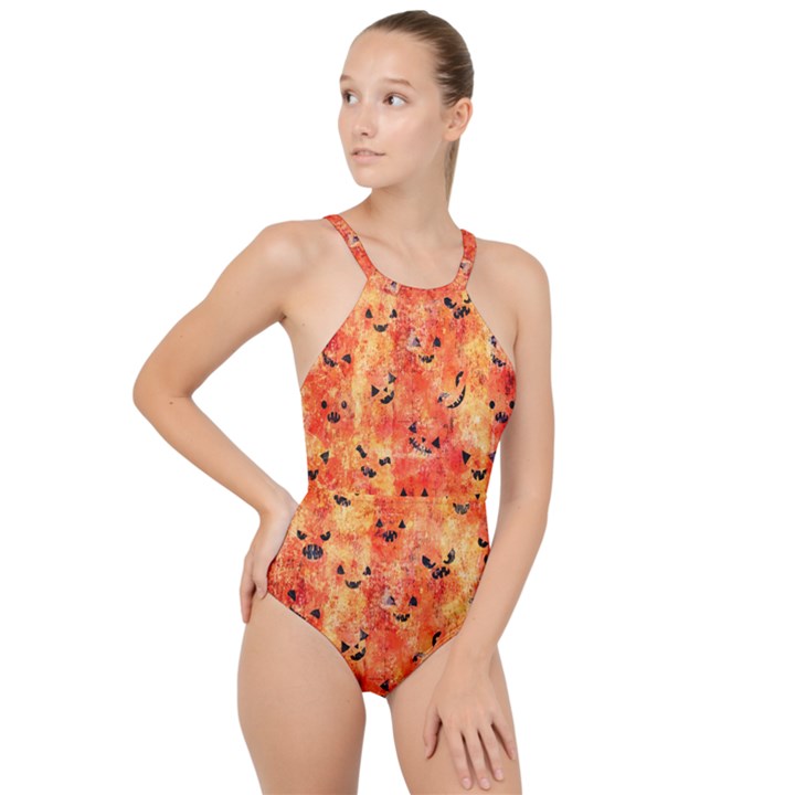 Carved Pumpkin Faces High Neck One Piece Swimsuit