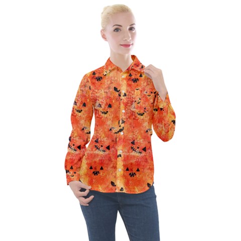 Carved Pumpkin Faces Women s Long Sleeve Pocket Shirt by kyorashop23