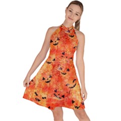 Carved Pumpkin Faces Sleeveless Halter Neck A-line Dress by kyorashop23