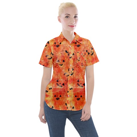 Carved Pumpkin Faces Women s Short Sleeve Pocket Shirt by kyorashop23