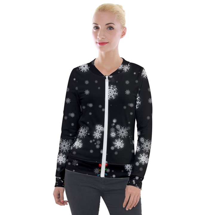 Christmas Snow Edge, Lights Velvet Zip Up Jacket