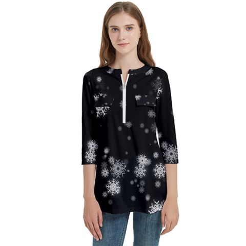 Christmas Snow Edge, Lights Women s Zip Front V-neck 3/4 Sleeve Casual Top Pocket Shirt by kyorashop23