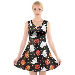 Cool Halloween Ghosts, Adoxali, Autumn V-neck Sleeveless Dress by kyorashop23