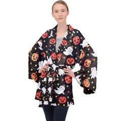 Cool Halloween Ghosts, Adoxali, Autumn Long Sleeve Velvet Kimono  by kyorashop23