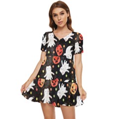 Cool Halloween Ghosts, Adoxali, Autumn Tiered Short Sleeve Babydoll Dress