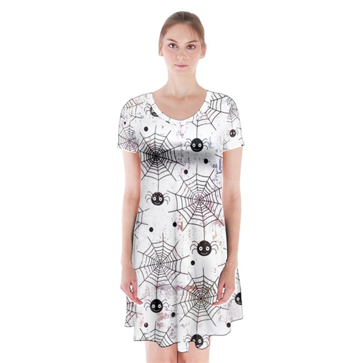 Creepy Spider Design, Adoxali, Halloween Short Sleeve V-neck Flare Dress