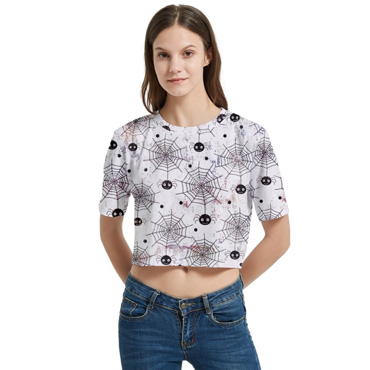 Creepy Spider Design, Adoxali, Halloween Women s Round Neck Short Sleeve Crop Top