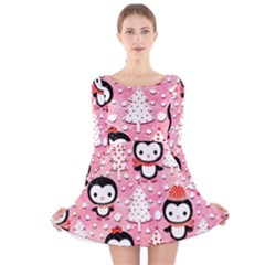 Cute Penguin Pattern, Adoxali, Christmas, December Long Sleeve Velvet Skater Dress