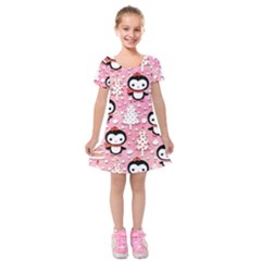 Cute Penguin Pattern, Adoxali, Christmas, December Kids  Short Sleeve Velvet Dress