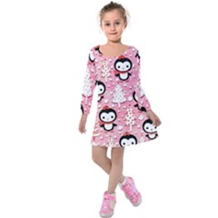 Cute Penguin Pattern, Adoxali, Christmas, December Kids  Long Sleeve Velvet Dress