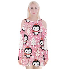 Cute Penguin Pattern, Adoxali, Christmas, December Velvet Long Sleeve Shoulder Cutout Dress