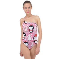 Cute Penguin Pattern, Adoxali, Christmas, December Classic One Shoulder Swimsuit