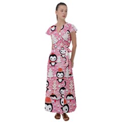 Cute Penguin Pattern, Adoxali, Christmas, December Flutter Sleeve Maxi Dress by kyorashop23