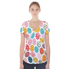 Easter Eggs Pattern, Easter Short Sleeve Front Detail Top by kyorashop23