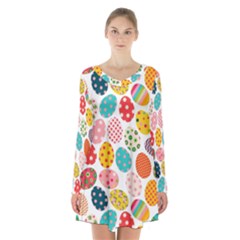 Easter Eggs Pattern, Easter Long Sleeve Velvet V-neck Dress