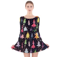 Fun Christmas Trees Long Sleeve Velvet Skater Dress