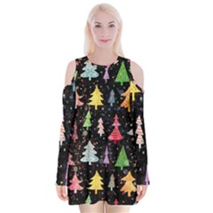 Fun Christmas Trees Velvet Long Sleeve Shoulder Cutout Dress