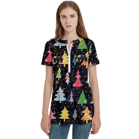 Fun Christmas Trees Women s Zip Front V-neck Short Sleeve Casual Top Pocket Shirt by kyorashop23