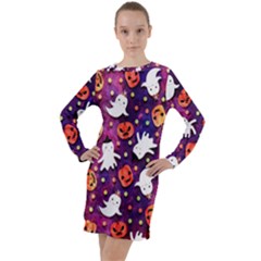 Fun Halloween Ghosts, Adoxali, Fun, Halloween Long Sleeve Hoodie Dress