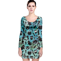 Ghosts Owls Pumpkins Long Sleeve Velvet Bodycon Dress