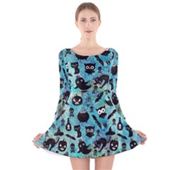 Ghosts Owls Pumpkins Long Sleeve Velvet Skater Dress