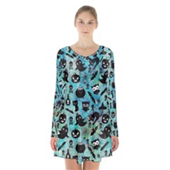 Ghosts Owls Pumpkins Long Sleeve Velvet V-neck Dress