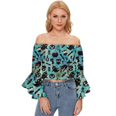 Ghosts Owls Pumpkins Off Shoulder Flutter Bell Sleeve Top