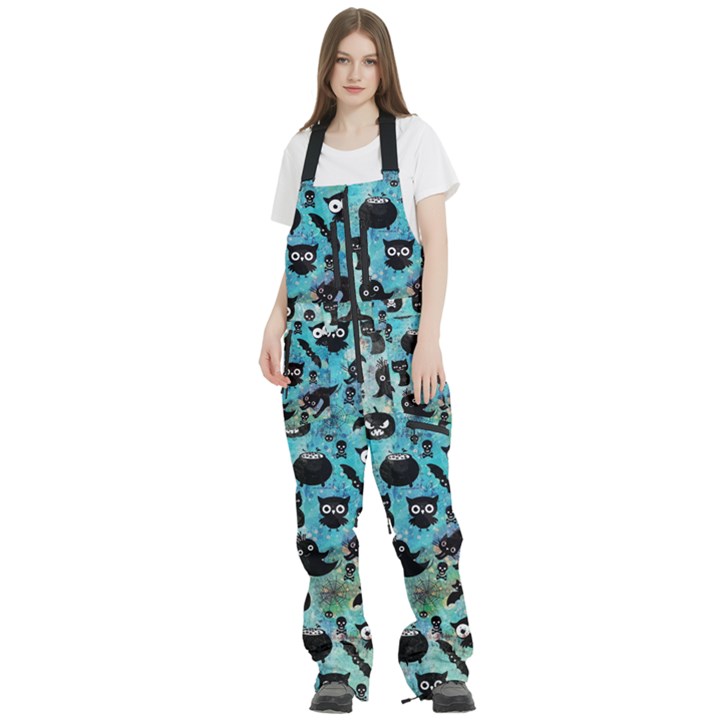 Ghosts Owls Pumpkins Women s Front Zip Ski And Snowboard Bib Pants