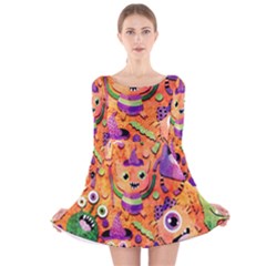 Halloween Monsters Long Sleeve Velvet Skater Dress