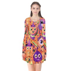 Halloween Monsters Long Sleeve V-neck Flare Dress by kyorashop23