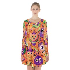 Halloween Monsters Long Sleeve Velvet V-neck Dress