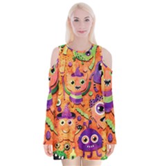 Halloween Monsters Velvet Long Sleeve Shoulder Cutout Dress