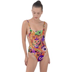 Halloween Monsters Tie Strap One Piece Swimsuit