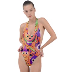 Halloween Monsters Backless Halter One Piece Swimsuit by kyorashop23