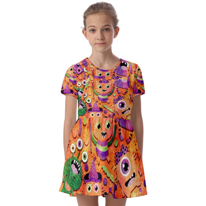 Halloween Monsters Kids  Short Sleeve Pinafore Style Dress