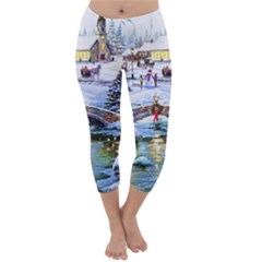 Icy Lights, Art, Christmas, Houses Capri Winter Leggings 