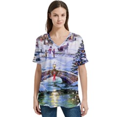 Icy Lights, Art, Christmas, Houses V-neck Split Shoulder Casual T-shirt