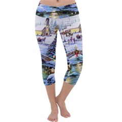 Icy Lights, Art, Christmas, Houses Capri Yoga Leggings by kyorashop23