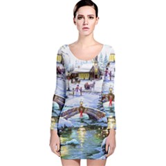 Icy Lights, Art, Christmas, Houses Long Sleeve Velvet Bodycon Dress