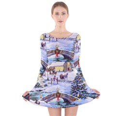 Icy Lights, Art, Christmas, Houses Long Sleeve Velvet Skater Dress