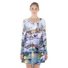 Icy Lights, Art, Christmas, Houses Long Sleeve Velvet V-neck Dress