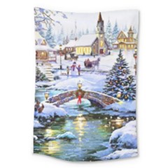 Icy Lights, Art, Christmas, Houses Large Tapestry