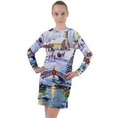 Icy Lights, Art, Christmas, Houses Long Sleeve Hoodie Dress