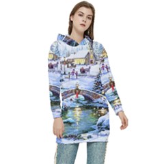 Icy Lights, Art, Christmas, Houses Women s Long Oversized Pullover Hoodie