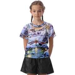 Icy Lights, Art, Christmas, Houses Kids  Front Cut T-shirt by kyorashop23