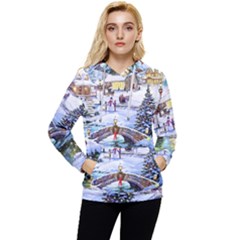 Icy Lights, Art, Christmas, Houses Women s Lightweight Drawstring Hoodie