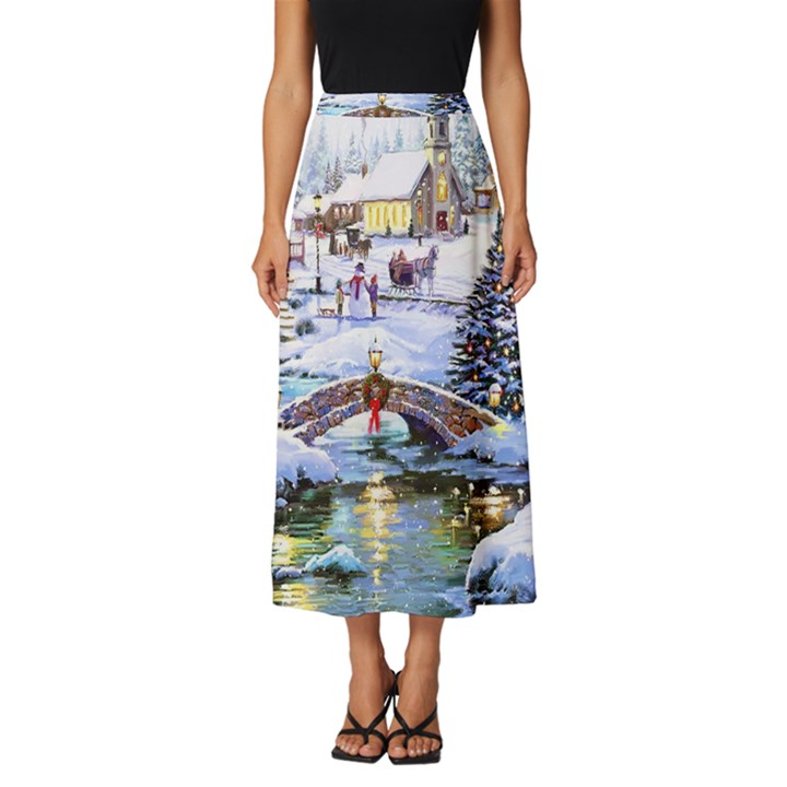 Icy Lights, Art, Christmas, Houses Classic Midi Chiffon Skirt